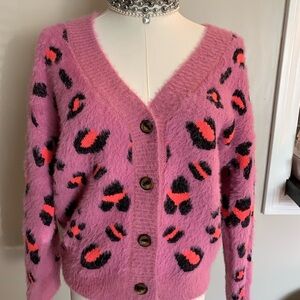 Sara Sara Fuzzy Pink Animal Print Cardigan